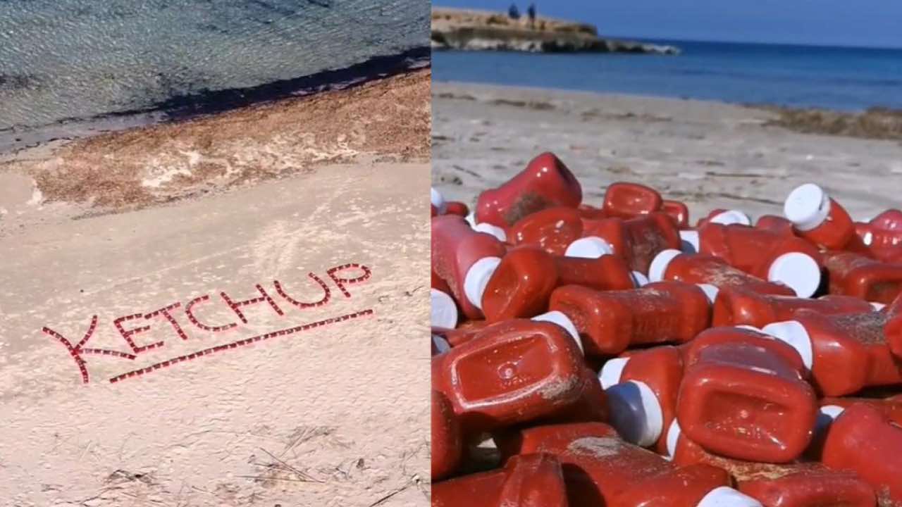 Spiaggia ricoperta di barattoli di ketchup