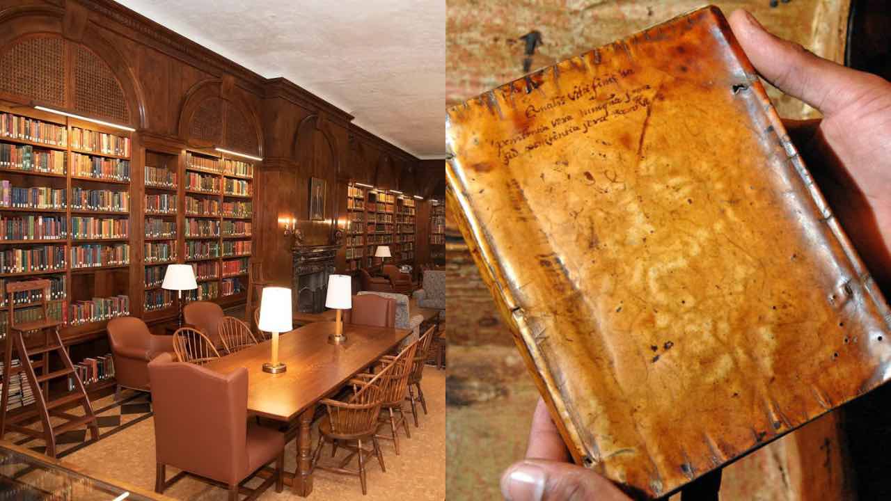 Biblioteca di Harvard e libro rilegato in pelle