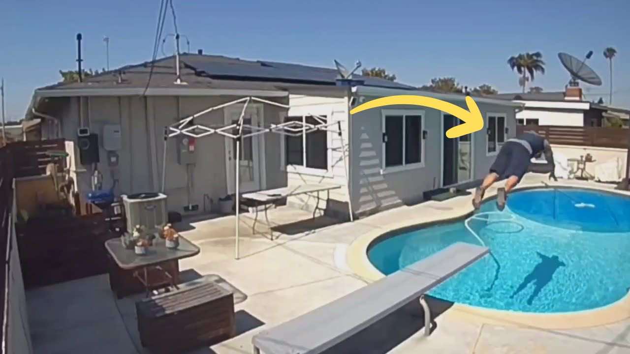The courier dives into the pool after delivering the package, and the reason is strange