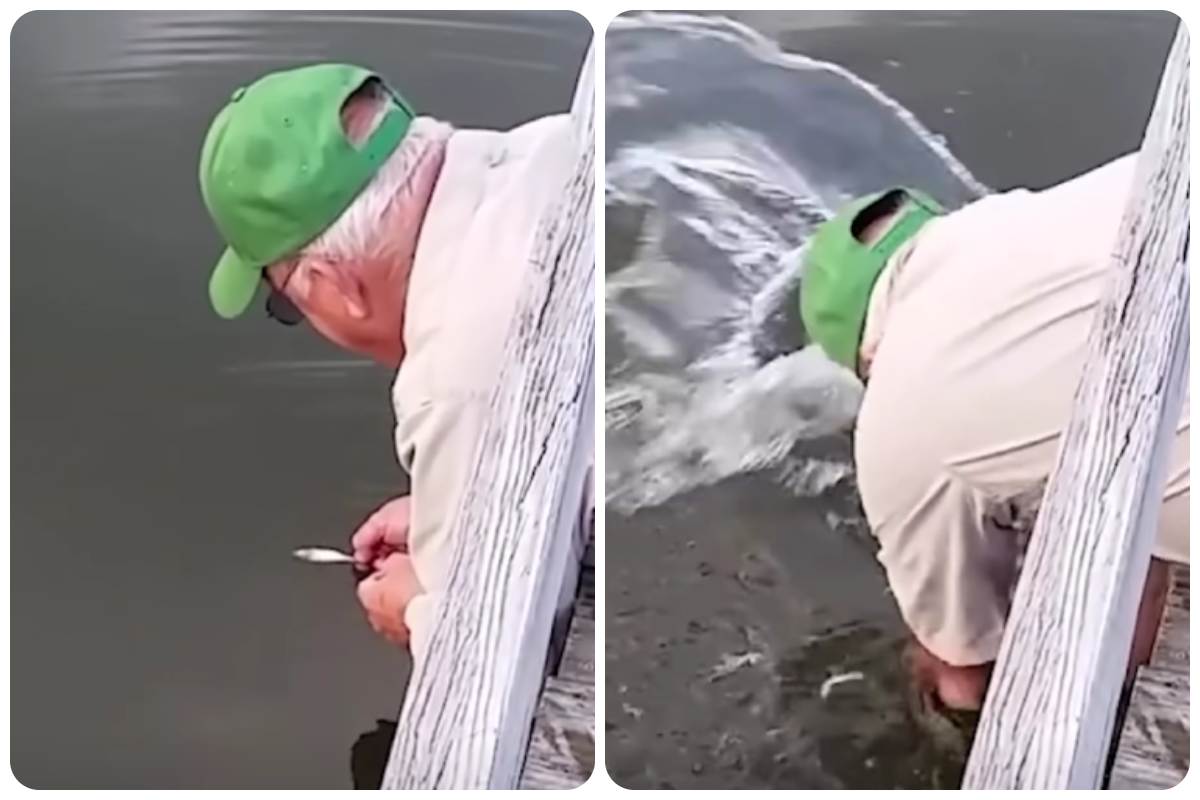 Uomo pesca con le mani